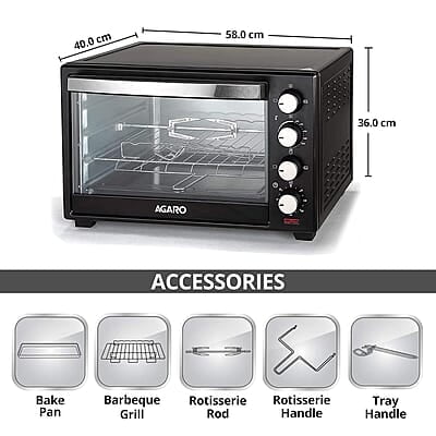AGARO Marvel 48 Liters Oven Toaster Griller, Motorised Rotisserie and Convection Cake Baking OTG with 3 Heating Mode, (Black).