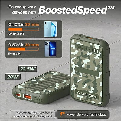 Ambrane 10000mAh Rugged, Slim & Compact Powerbank, 22.5W Fast Charging, USB & Type C Output Ambrane 10000mAh Rugged, Slim & Compact Powerbank, 22.5W Fast Charging, USB & Type C Output