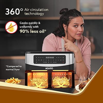 AGARO Imperial Dual Basket Digital Air Fryer, Independent 4.5L Basket, 10 Preset Cooking Modes, 360° Air Circulation, Convection, Digital Touch Display, 2400W