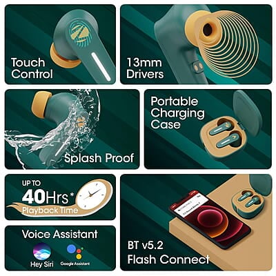 Zebronics DC Aquaman Edition Sound Bomb 7 TWS Wireless in Ear Earbuds with 40H* Backup, Rapid Charge, 50ms Gaming Mode, ENC mic, Voice Assistant, Flash Connect, Splash Proof, BT v5.2 and Type C Zebronics DC Aquaman Edition Sound Bomb 7 TWS Wireless in Ear Earbuds with 40H* Backup, Rapid Charge, 50ms Gaming Mode, ENC mic, Voice Assistant, Flash Connect, Splash Proof, BT v5.2 and Type C