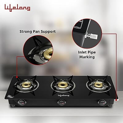 Lifelong 3 Burner Gas Stove Top for Kitchen - Automatic Ignition Cooktop Modern Glass Stove for Modular Kitchen, ISI Certified Lifelong 3 Burner Gas Stove Top for Kitchen - Automatic Ignition Cooktop Modern Glass Stove for Modular Kitchen, ISI Certified
