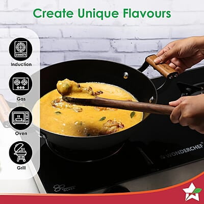 Wonderchef Pre-Seasoned Ferro Light 28cm Kadhai 3.2L Acacia Wooden Handles