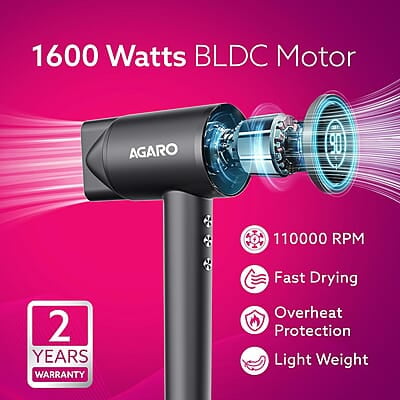 AGARO HD3240 Hair Dryer, Brushless 1600W Motor, 3 Speed & 4 temperature settings AGARO HD3240 Hair Dryer, Brushless 1600W Motor, 3 Speed & 4 temperature settings