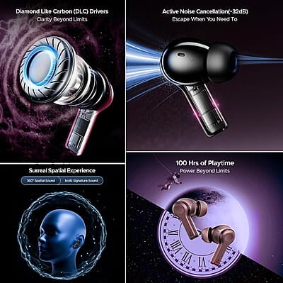 boAt Nirvana Space Truly Wireless in-Ear w/ 360º Spatial Audio, ANC Up to 32dB, 100hrs Playback, 4 Mics with AI-ENx™, Adaptive EQ, in-Ear Detection, DLC Drivers & Fast Pair boAt Nirvana Space Truly Wireless in-Ear w/ 360º Spatial Audio, ANC Up to 32dB, 100hrs Playback, 4 Mics with AI-ENx™, Adaptive EQ, in-Ear Detection, DLC Drivers & Fast Pair