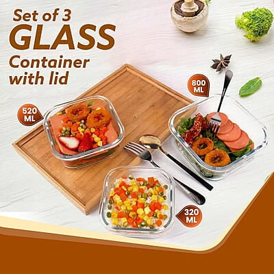 AGARO Borosilicate Glass Container with Lids, 3 pcs Set, 320ml, 520ml & 800ml Square AGARO Borosilicate Glass Container with Lids, 3 pcs Set, 320ml, 520ml & 800ml Square