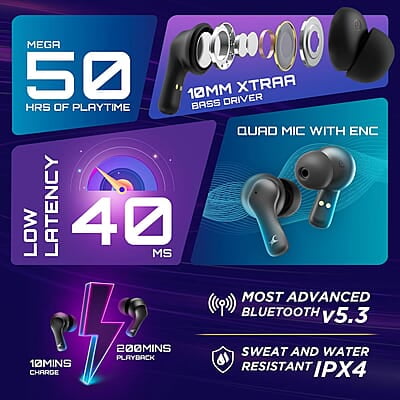 Fastrack Fpods FZ100 TWS in-Ear Earbuds with Mega 50 Hrs Playtime|Extra Deep Bass Driver|Quad Mic ENC for Clear Calls|Ultra Low 40ms Latency Gaming Mode|NitroFast Charge-200 Min in 10 Min-Black Fastrack Fpods FZ100 TWS in-Ear Earbuds with Mega 50 Hrs Playtime|Extra Deep Bass Driver|Quad Mic ENC for Clear Calls|Ultra Low 40ms Latency Gaming Mode|NitroFast Charge-200 Min in 10 Min-Black