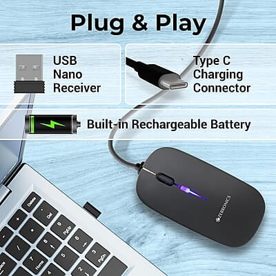 ZEBRONICS Newly Launched Blanc Slim Wireless Mouse with Rechargeable Battery, BT + 2.4GHz, 4 Buttons, 800/1200/1600 DPI, Silent Operation, Multicolor LED Lights ZEBRONICS Newly Launched Blanc Slim Wireless Mouse with Rechargeable Battery, BT + 2.4GHz, 4 Buttons, 800/1200/1600 DPI, Silent Operation, Multicolor LED Lights