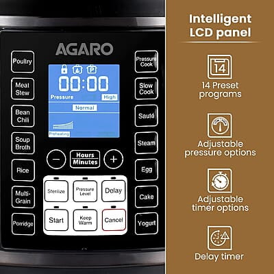 AGARO Imperial Electric Pressure Cooker, 6 litre, 14 Pre-Set multi Cooking Functions, Adjustable Pressure AGARO Imperial Electric Pressure Cooker, 6 litre, 14 Pre-Set multi Cooking Functions, Adjustable Pressure