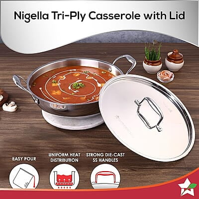 Wonderchef Nigella Tri-ply Stainless Steel 20 cm Kadhai with Lid 1.5 Litre 2.6mm Thickness Wonderchef Nigella Tri-ply Stainless Steel 20 cm Kadhai with Lid 1.5 Litre 2.6mm Thickness