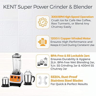 KENT 16083 Super Power Grinder & Blender 1200W| High-Speed Operation | BPA-Free and Stainless Steel Lockable Jars | Pulse Function & Speed Control KENT 16083 Super Power Grinder & Blender 1200W| High-Speed Operation | BPA-Free and Stainless Steel Lockable Jars | Pulse Function & Speed Control