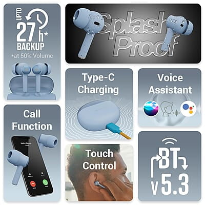 ZEBRONICS MIST in-Ear Wireless Earbuds, with up-to 27 Hours Backup, Environmental Noise Cancellation (ENC), Gaming Mode, Touch Control, Voice Assistant Support, Splash Proof Design