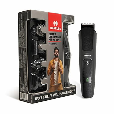 Havells Super Grooming Kit Gs8714,15 In 1,Ipx7 Fully Washable,Full Body Groomer For Men,120 Min Of Run Time With Fast Charge Havells Super Grooming Kit Gs8714,15 In 1,Ipx7 Fully Washable,Full Body Groomer For Men,120 Min Of Run Time With Fast Charge