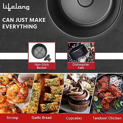Lifelong Fryo Air Fryer 1400W with 4.5L Large Cooking Pan Capacity, Timer Selection and Fully Adjustable Temperature Control Lifelong Fryo Air Fryer 1400W with 4.5L Large Cooking Pan Capacity, Timer Selection and Fully Adjustable Temperature Control