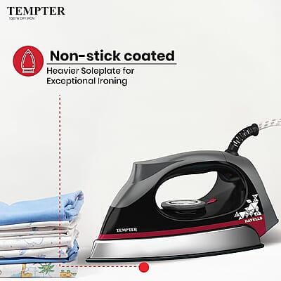 Havells Abs Tempter 1000 Watts Dry Iron Press With Greblon E2 Grade Non-Stick Coated Sole Plate