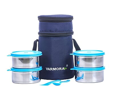 Varmora SS QuattroStainless Steel Lunch Box For Office, 390 ML- 4 Containers Varmora SS QuattroStainless Steel Lunch Box For Office, 390 ML- 4 Containers