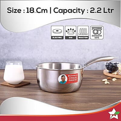 Wonderchef Nigella Tri-Ply 18 cm Sauce Pan 2.2 Liters 2.5 mm Thickness Silver