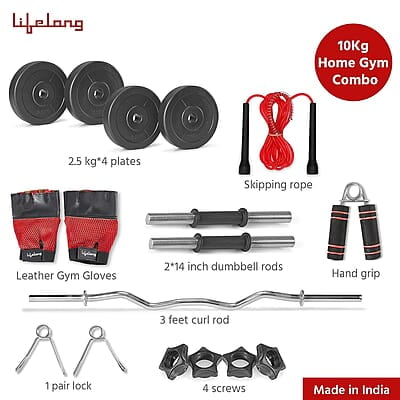 Lifelong PVC Home Gym Set 10Kg Plate 3Feet Curl Rod and Dumbbells Rods with Gym Accessories Lifelong PVC Home Gym Set 10Kg Plate 3Feet Curl Rod and Dumbbells Rods with Gym Accessories