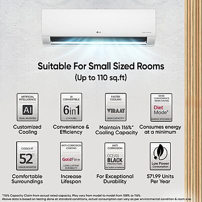 LG 1 Ton 4 Star DUAL Inverter Split AC (Copper, AI Convertible 6-in-1 with VIRAAT Mode, Faster Cooling & Energy Saving, 4 Way Swing, HD Filter with AntiVirus Protection LG 1 Ton 4 Star DUAL Inverter Split AC (Copper, AI Convertible 6-in-1 with VIRAAT Mode, Faster Cooling & Energy Saving, 4 Way Swing, HD Filter with AntiVirus Protection
