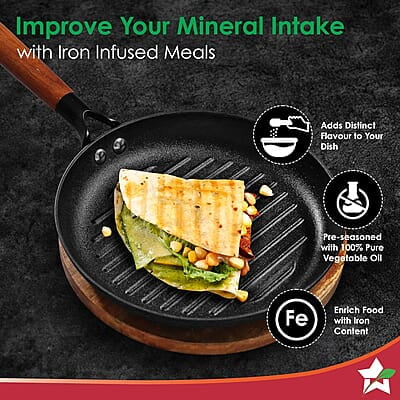 Wonderchef Pre-Seasoned Ferro Light 24cm Grill Pan 2.5MM Acacia Wooden Handles