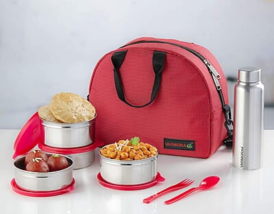 Varmora SS (Stainless Steel) Family Lunch Box (Tiffine) 390ml x2 SS Container,520ml x2 SS Container,Poto SS Matt 500ml x1 Varmora SS (Stainless Steel) Family Lunch Box (Tiffine) 390ml x2 SS Container,520ml x2 SS Container,Poto SS Matt 500ml x1
