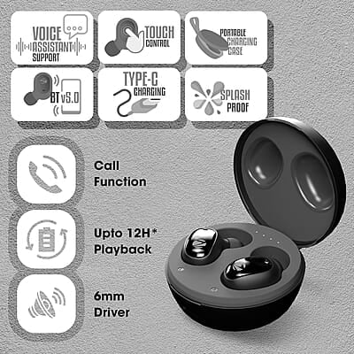 ZEBRONICS ZEB-SOUND BOMB 1 TWS Earbuds with BT5.0, Up to 12H Playback, Touch Controls, Voice Assistant, Splash Proof with Type C Portable Charging Case ZEBRONICS ZEB-SOUND BOMB 1 TWS Earbuds with BT5.0, Up to 12H Playback, Touch Controls, Voice Assistant, Splash Proof with Type C Portable Charging Case