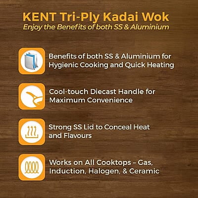 KENT Triply Kadai Wok 18 CM with SS Lid 1.6 L KENT Triply Kadai Wok 18 CM with SS Lid 1.6 L