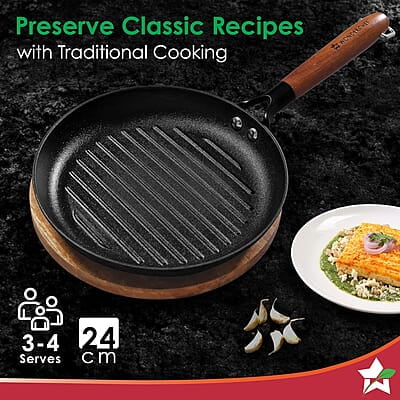 Wonderchef Pre-Seasoned Ferro Light 24cm Grill Pan 2.5MM Acacia Wooden Handles