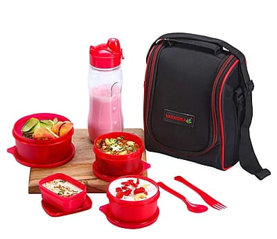 Varmora Plastic Xclusive Lunch Box Tiffin 1Nos-100ml, 2Nos-230ml, 1Nos-500ml Container, 500ml Bottle