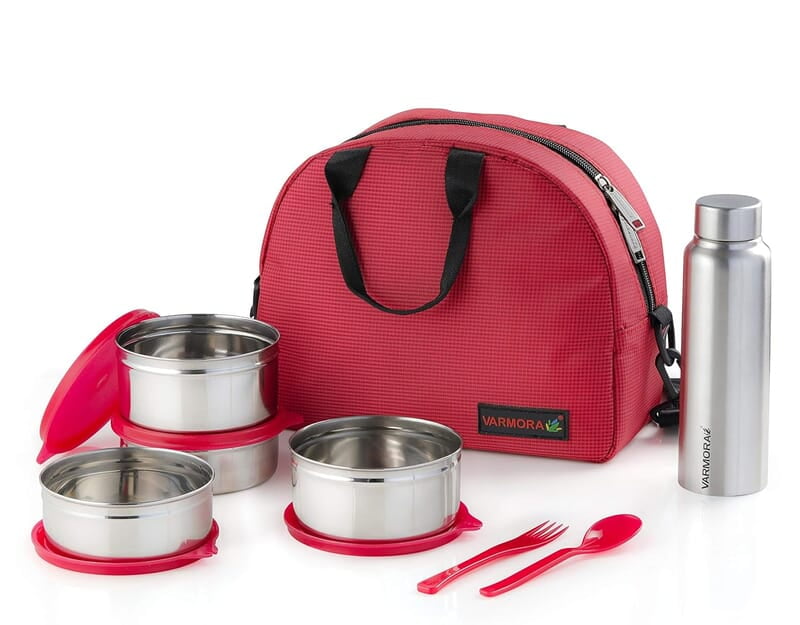 Varmora SS (Stainless Steel) Family Lunch Box (Tiffine) 390ml x2 SS Container,520ml x2 SS Container,Poto SS Matt 500ml x1 Varmora SS (Stainless Steel) Family Lunch Box (Tiffine) 390ml x2 SS Container,520ml x2 SS Container,Poto SS Matt 500ml x1