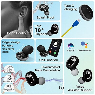 Zebronics Zeb-Sound Bomb N1 True Wireless In Ear Earbuds with ENC, Gaming Mode (up to 50ms), up to 18H Playback, Bluetooth V5.2, Fidget Case, Voice Assistant, Splash Proof, Type C, and Mic Zebronics Zeb-Sound Bomb N1 True Wireless In Ear Earbuds with ENC, Gaming Mode (up to 50ms), up to 18H Playback, Bluetooth V5.2, Fidget Case, Voice Assistant, Splash Proof, Type C, and Mic