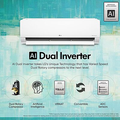 LG 1 Ton 3 Star Dual Inverter Split Ac (Copper, AI Convertible 6-In-1 Cooling, HD Filter with Anti-Virus Protection LG 1 Ton 3 Star Dual Inverter Split Ac (Copper, AI Convertible 6-In-1 Cooling, HD Filter with Anti-Virus Protection