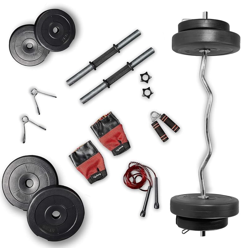 Lifelong PVC Home Gym Set 10Kg -20kg Plate 3Feet Curl Rod and Dumbbells Rods with Gym Accessories