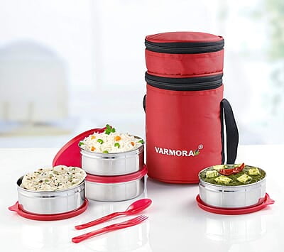 Varmora SS QuattroStainless Steel Lunch Box For Office, 390 ML- 4 Containers Varmora SS QuattroStainless Steel Lunch Box For Office, 390 ML- 4 Containers