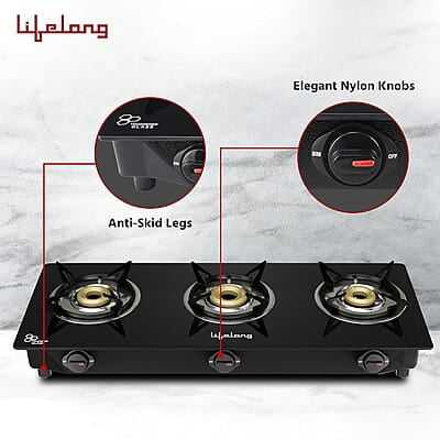 Lifelong 3 Burner Gas Stove Top for Kitchen - Automatic Ignition Cooktop Modern Glass Stove for Modular Kitchen, ISI Certified Lifelong 3 Burner Gas Stove Top for Kitchen - Automatic Ignition Cooktop Modern Glass Stove for Modular Kitchen, ISI Certified