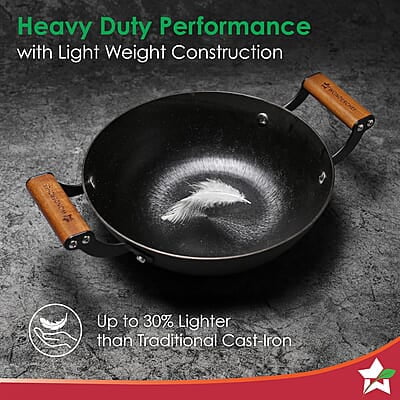 Wonderchef Pre-Seasoned Ferro Light 28cm Kadhai 3.2L Acacia Wooden Handles