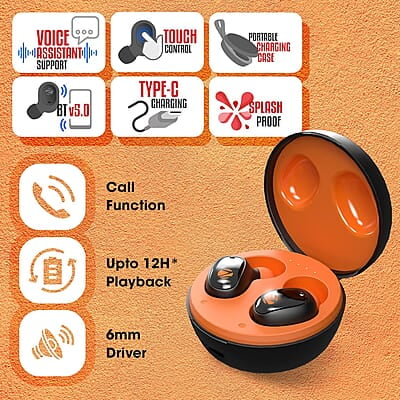 ZEBRONICS ZEB-SOUND BOMB 1 TWS Earbuds with BT5.0, Up to 12H Playback, Touch Controls, Voice Assistant, Splash Proof with Type C Portable Charging Case ZEBRONICS ZEB-SOUND BOMB 1 TWS Earbuds with BT5.0, Up to 12H Playback, Touch Controls, Voice Assistant, Splash Proof with Type C Portable Charging Case