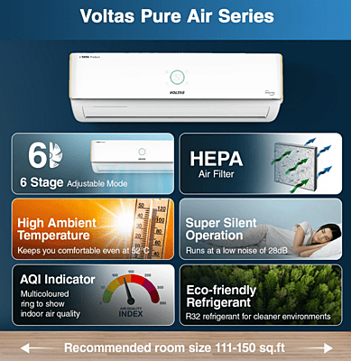 Voltas PureAir Inverter Split AC, 1.5 Ton, 5 Star - 185V Verdant Exotica Voltas PureAir Inverter Split AC, 1.5 Ton, 5 Star - 185V Verdant Exotica