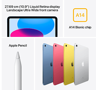 Apple iPad (10th Generation): with A14 Bionic chip, 27.69 cm (10.9″) Liquid Retina Display, 12MP front/12MP Back Camera, Touch ID, All-Day Battery Life Apple iPad (10th Generation): with A14 Bionic chip, 27.69 cm (10.9″) Liquid Retina Display, 12MP front/12MP Back Camera, Touch ID, All-Day Battery Life