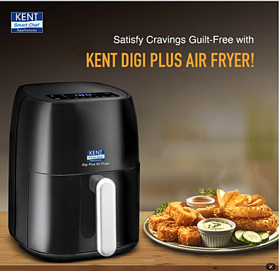 KENT Star Air Fryer | 4 L Capacity | Fry, Grill, Roast, Bake | 80% less oil | 80˚C to 200˚C | 60-minutes timer | Auto shut off | Black