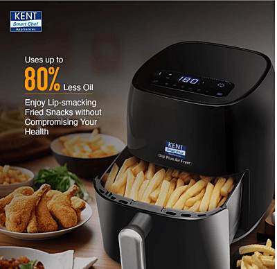 KENT Star Air Fryer | 4 L Capacity | Fry, Grill, Roast, Bake | 80% less oil | 80˚C to 200˚C | 60-minutes timer | Auto shut off | Black