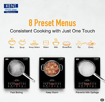 KENT Diamond Induction Cooktop 2000W|8 Preset Menu|Full Microcrystalline Glass|Feather Touch Buttons & Led Display|Milk Boiling & Keep Warm Function|Overheat Protection & Auto Turn-Off, Radiant KENT Diamond Induction Cooktop 2000W|8 Preset Menu|Full Microcrystalline Glass|Feather Touch Buttons & Led Display|Milk Boiling & Keep Warm Function|Overheat Protection & Auto Turn-Off, Radiant