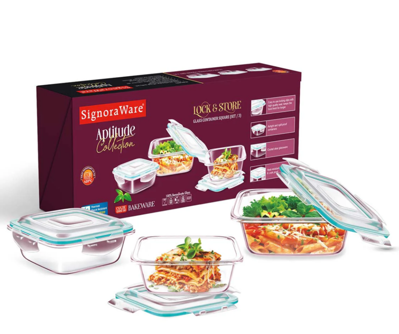 Signora ware Lock 'N, Store Glass Container Square Set/3 Signora ware Lock 'N, Store Glass Container Square Set/3